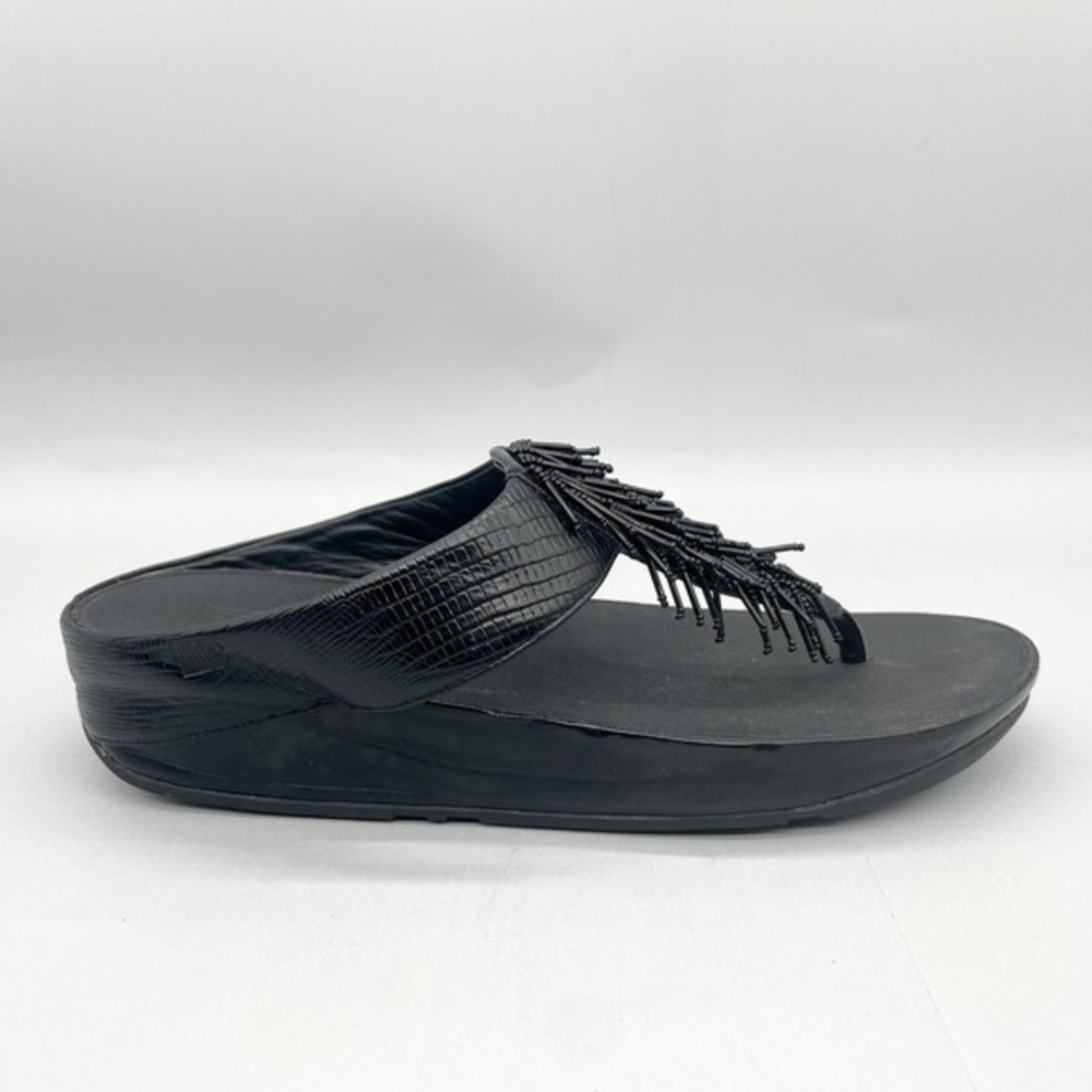 Fitflop Womens 11 Cha Cha Sandals Shoes Black Beaded Thong Wedge Slip On Comfort